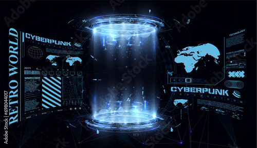 Blank display, stage or podium for show product in futuristic cyberpunk style.3d lab hologram, ai and ui fantasy frame, techno vr cyberspace room. Technology demonstration. Vector illustration photo