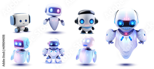 Artificial bot, hand mascot, human and chatbot, intelligence space, artificial AI support technology. Collection of Cute Futuristic Robots in Various Poses on White Background. Vector illustration