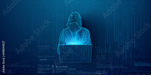 Cyber hacker. Digital Cybersecurity Concept with Hooded Hacker and Computer Interface on Dark Background. Spy anonymous. Fraud security. Laptop silhouette. Vector illustration