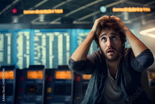 stressed man passenger in airport terminal photo