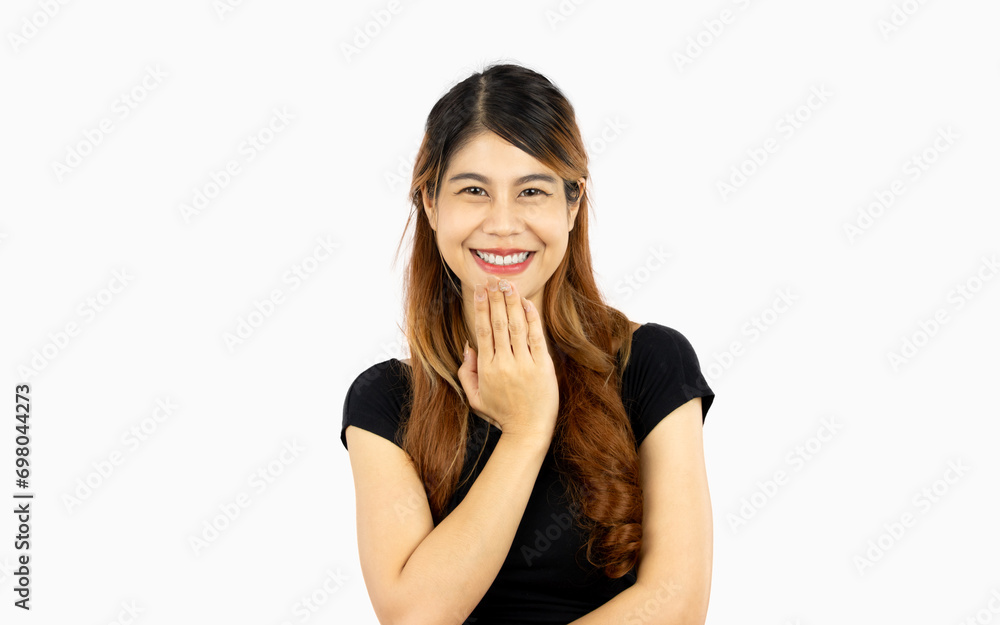 Young asian woman long hair style in black t shirt smiling and looking camera isolated on white plain background. Young asian woman long hair style in black t shirt smiling and looking camera isolated on white plain background.