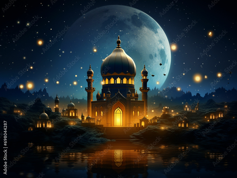 Create a lantern surrounded by a starry night sky with a mosque in the background.