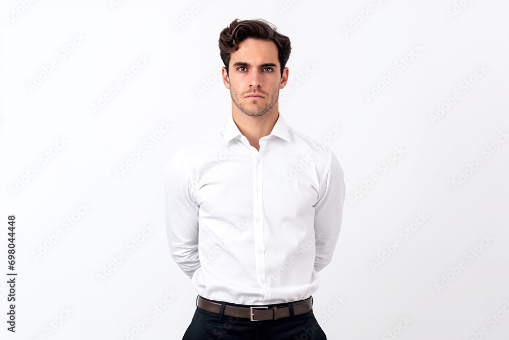 Fototapeta premium Young male confident businessman, white background isolate. Successful professional in suit, tie, entrepreneur.