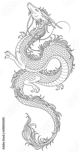 Chinese dragon with long mustache. Contour drawing of Chinese dragon for coloring. Mythical animal-symbol of China and Asian countries. Symbolic animal of 2024. 