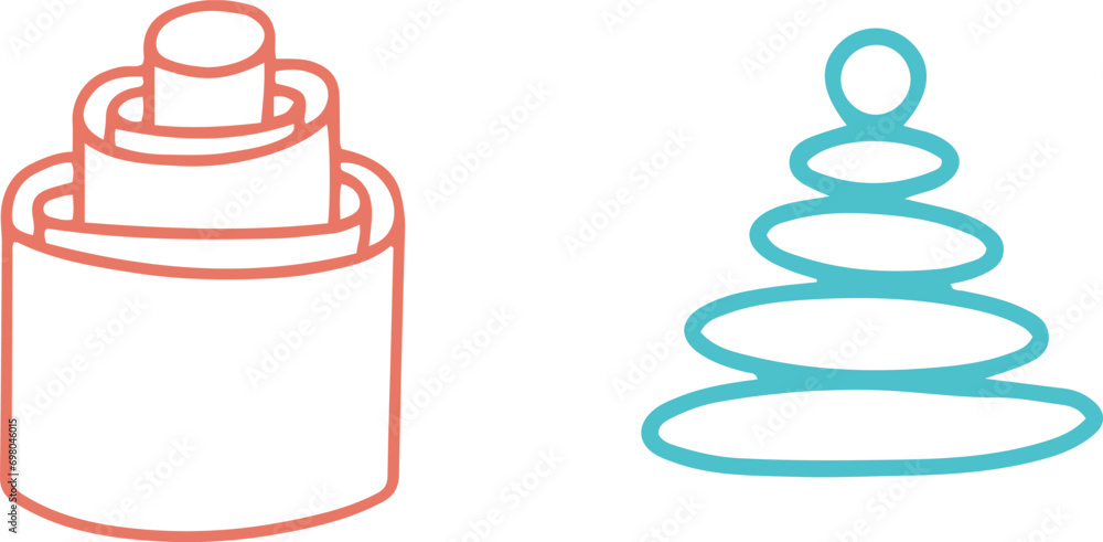 Daycare doodle icons set. Doodle kindergarten montessori toys for nursery, school - wooden pyramids. Vector illustration