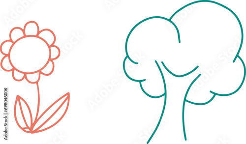 Daycare doodle icons set. Doodle kindergarten montessori toys for nursery, school - flower and tree. Vector illustration