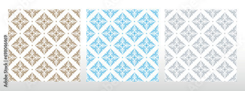 Wallpapers in the style of Baroque. Seamless vector backgrounds. Set of colored floral ornaments. Graphic patterns for fabric, wallpaper, packaging. Ornate Damask flower ornaments