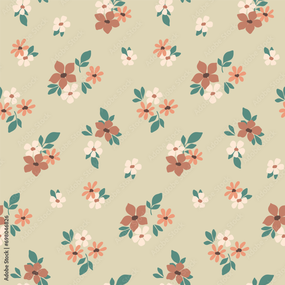 Seamless floral pattern, liberty ditsy print with mini cute flowers. Pretty shabby chic botanical design of tiny hand drawn bouquets, small daisy flowers, leaves. Romantic vector little flower pattern