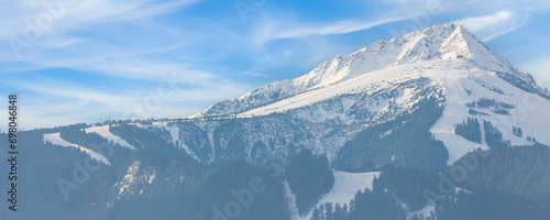 Bansko, Bulgaria Todorka peak, winter landscape panorama banner, snow Pirin mountain