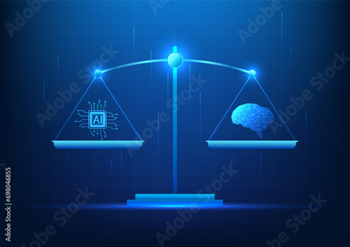 Weighing scale technology artificial intelligence scale with the human brain It shows how AI and the human brain work with similar performance. photo