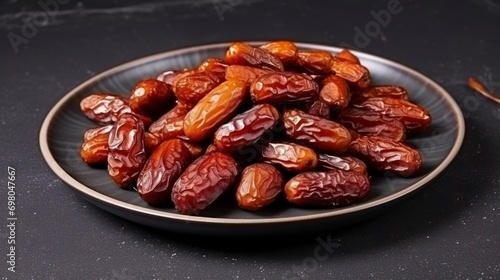 Plate with dried dates for Ramadan. copy space - generative ai