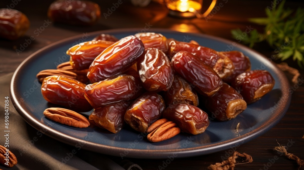 Plate with dried dates for Ramadan. copy space - generative ai Plate with dried dates for Ramadan. copy space - generative ai