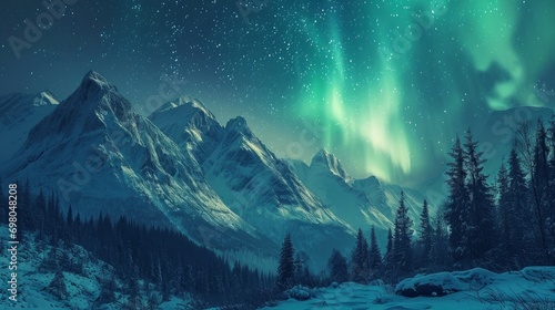 Aurora borealis over the frosty forest. Green northern lights above mountains. Night nature landscape with polar lights. Night winter landscape with aurora. Creative image. winter holiday concept © Emil