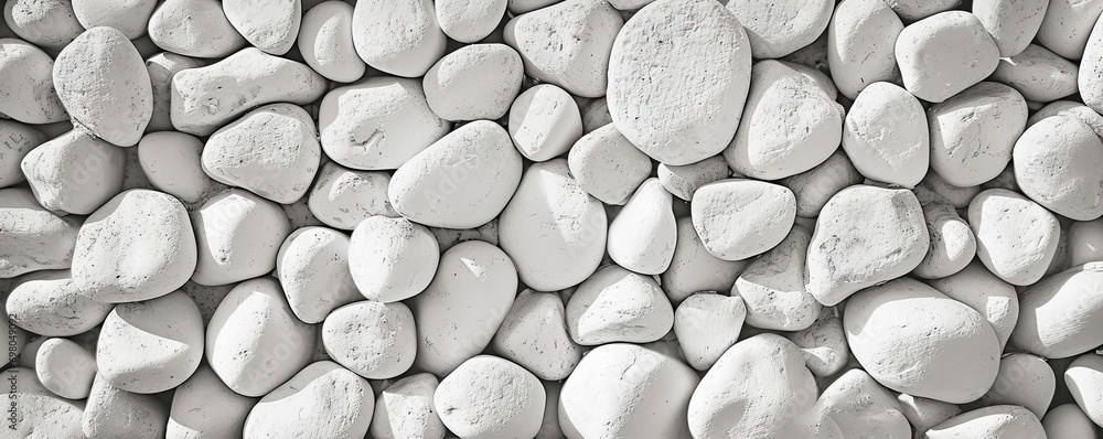Collection of various rocks and pebbles. Smooth white stones with intricate patterns create abstract and soothing composition. Light and shadow enhances texture and depth to arrangement - obrazy, fototapety, plakaty 