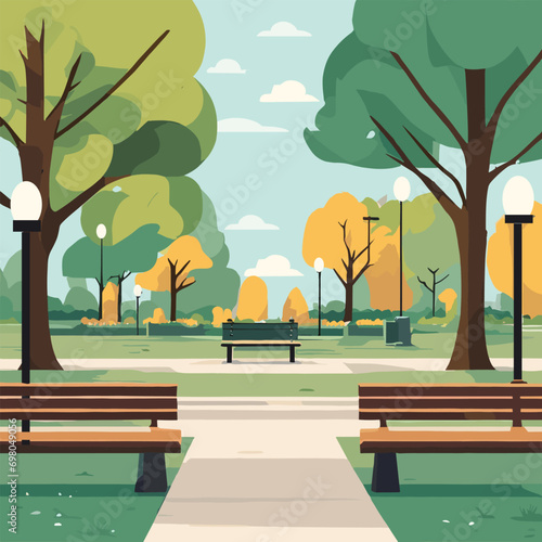 City summer park with green tree benches, paths and lanterns. City park landscape nature. Cartoon vector illustration