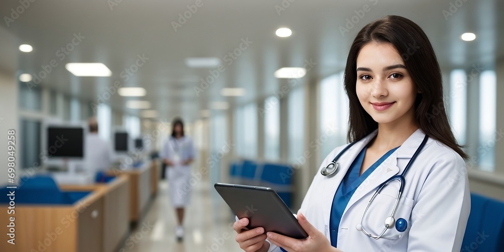 A female doctor is using a tablet in a hospital with copy space. Medical Technology Concept. A female doctor is using a tablet in a hospital with copy space. Medical Technology Concept.