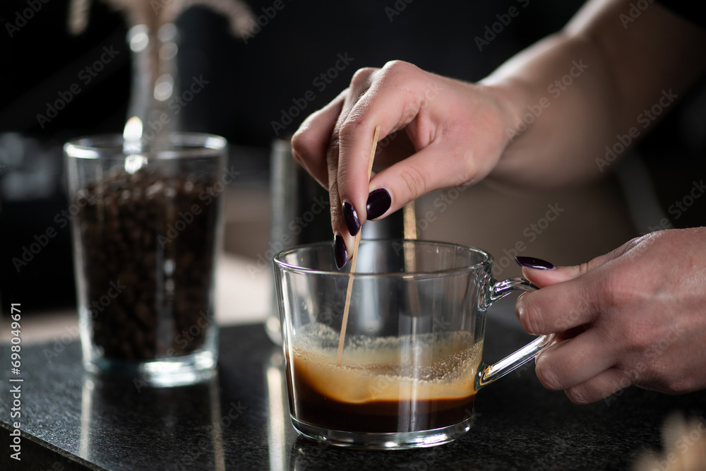 Mocha Crafting: Skilled Female Barista at Work Mocha Crafting: Skilled Female Barista at Work