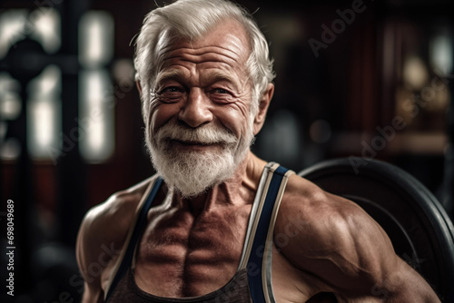 Old athle, Fitness man at workout. Elderly pensioner old man smiling in gym. 60-70 Year Old Bodybuilder. Old bodybuilder grandfather in gym. Pensioner with smile lifts weight in sports club. 