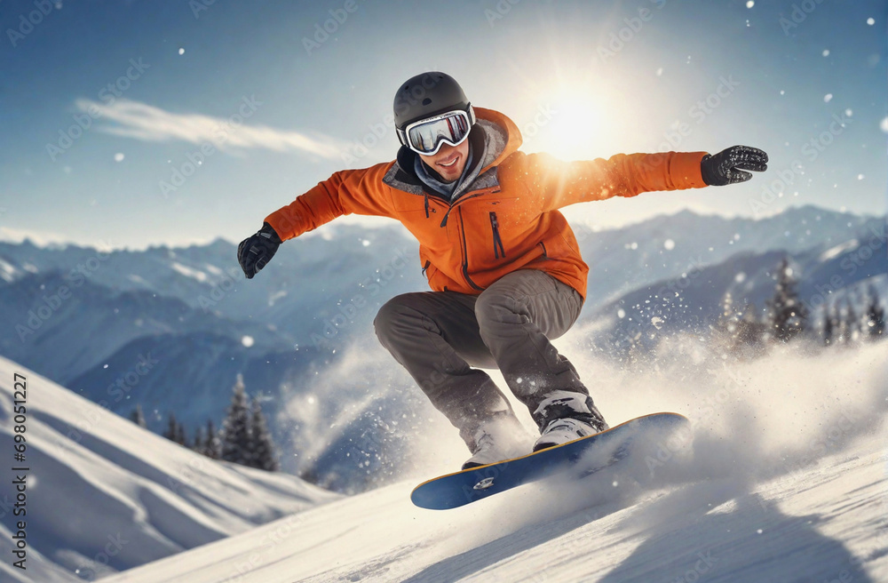 Young man snowboarding in the mountains Young man snowboarding in the mountains