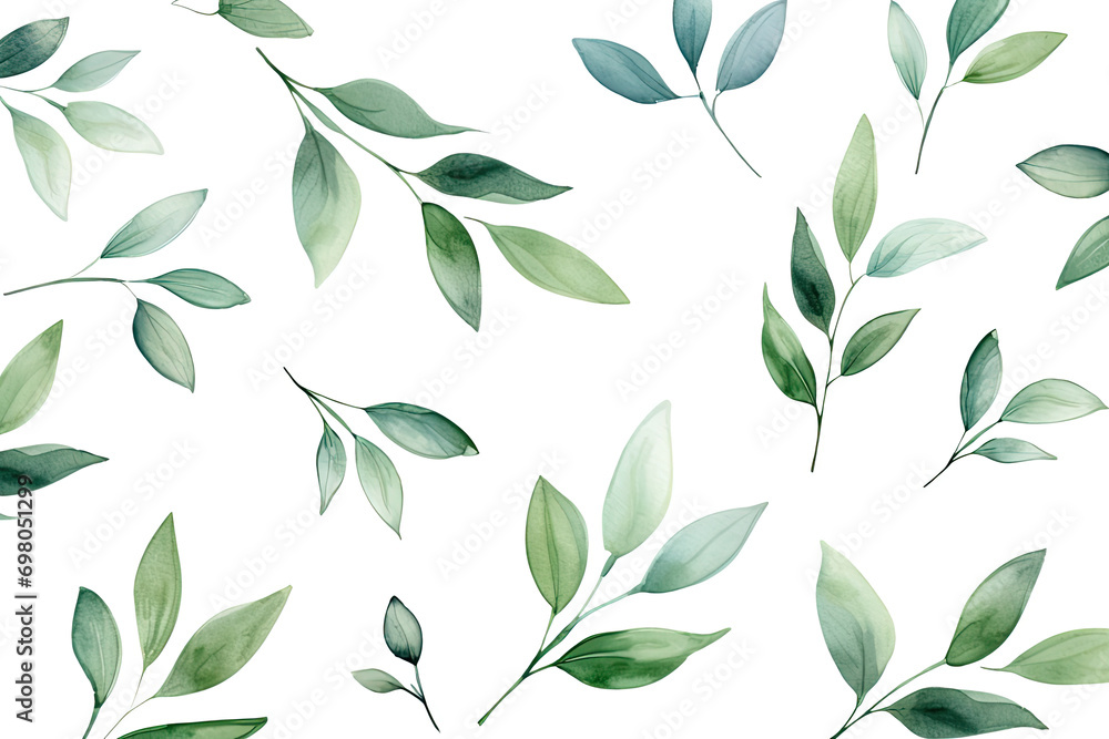 Elegant Watercolor Pattern: Green Leaves And Branches On A White Background Elegant Watercolor Pattern: Green Leaves And Branches On A White Background