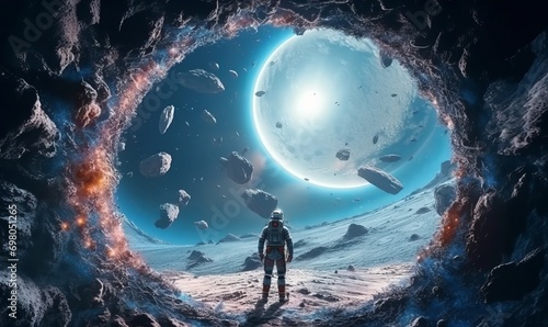 Astronaut observing another universe emerging from a portal, illustrated in a digital art style.