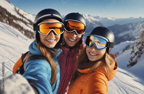 Smiling friends having fun in snow mountains