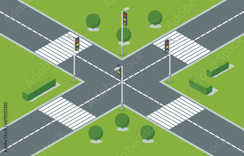 City crossroad isometric view with road markings, traffic lights pedestrian zebra crossing. Urban traffic map for transport, vector graphic design elements. Empty road without cars