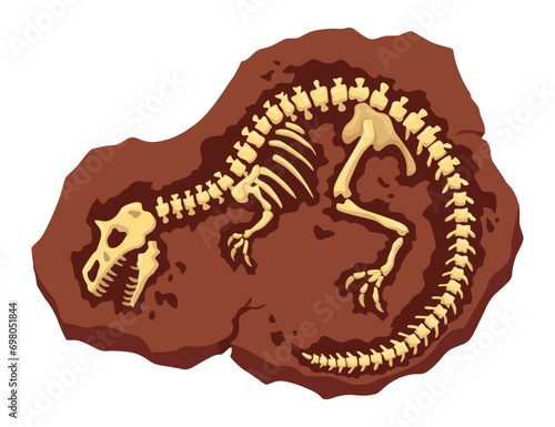 Dinosaur fossil skeleton bones, excavations of archeology isolated. Prehistoric reptile skeletons lying underground. Cartoon paleontological artifact
