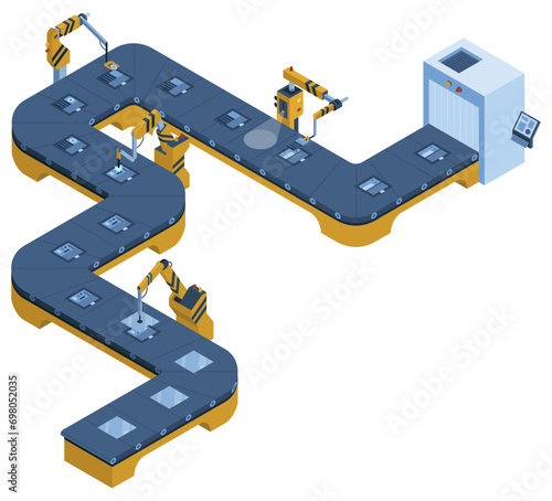 Factory isometric conveyor line. Industrial automated robotic conveyor, production 3d line. Electronic factory assembly line without plant workers. Composition isometric vector illustration