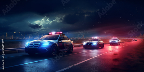 police car at night, Police car patrol with bluered flasher and serena driving in city on rainy night generative ai
 photo