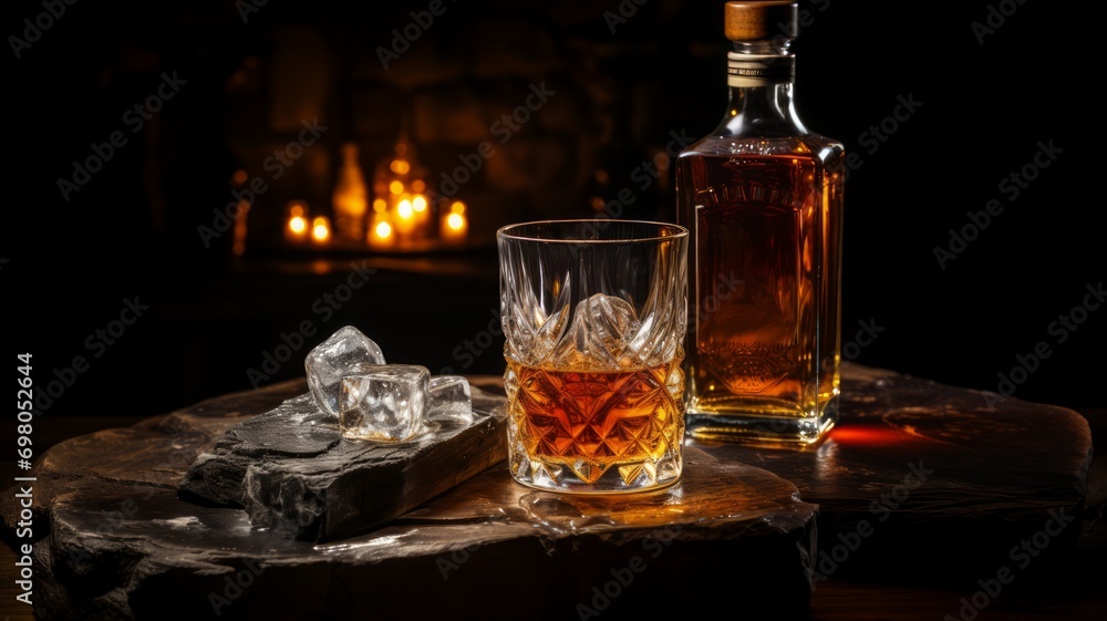 Bottle and glass of whiskey next to a fireplace Bottle and glass of whiskey next to a fireplace