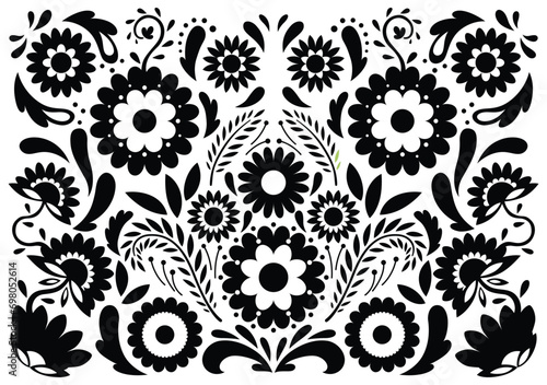 Mexican flower traditional pattern background in coloring style. Ethnic embroidery decoration ornament. Flower symmetry texture. Festive mexican floral motif. Vector illustration photo