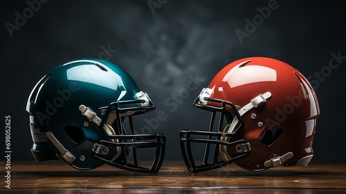 Two American football helmets facing each other photo