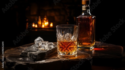 Bottle and glass of whiskey next to a fireplace