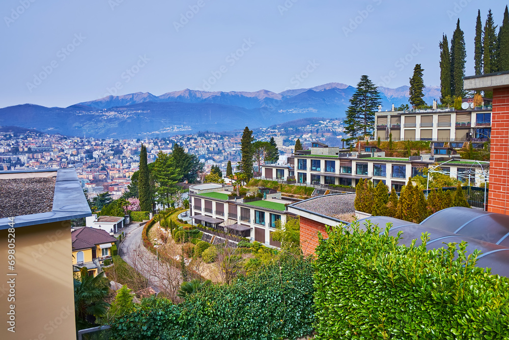 The modern terrace housing in Ruvigliana, Lugano, Switzerland