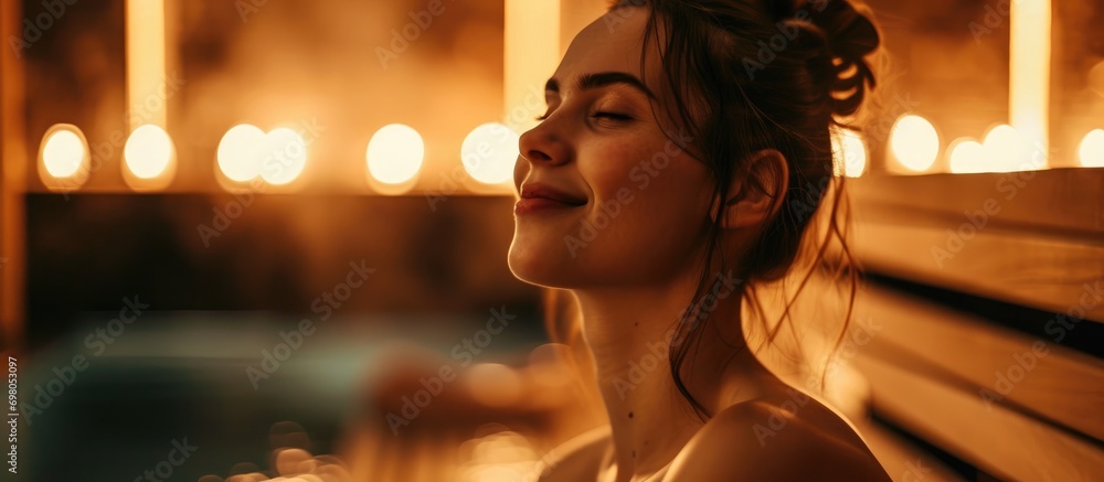 Happy woman in a sauna, enjoying a spa weekend.