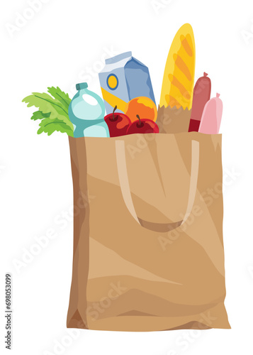 Paper shopping bag products grocery. Different food and beverage products, grocery shopping. Grocery supermarket. Fresh organic food and drinks. Grocery delivery concept