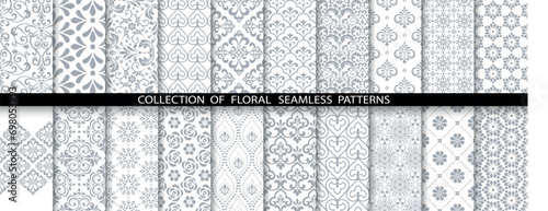 Geometric floral set of seamless patterns. White and gray vector backgrounds. Damask graphic ornaments