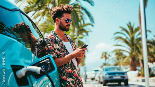 A man in summer clothes holds a mobile phone in his hands near a charging electric car.
