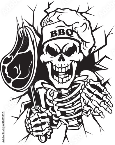 Human skeleton skeleton wearing chef hat and holding steak on a grill fork 
