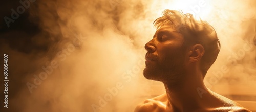 Attractive man decompressing in steam room and maintaining wellness. photo