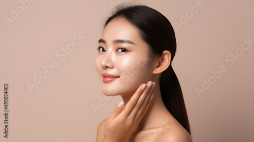 Portrait of a young woman taking care of her facial skin to look younger.