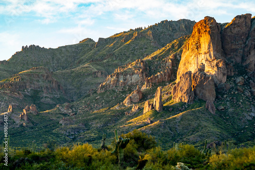 Scenic view of Superstition Mountains at Sunrise in the Tonto National Forest, Arizona Desert