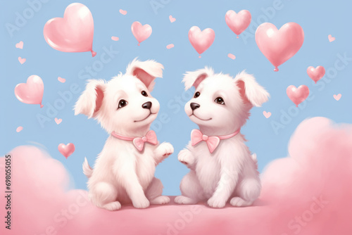 Two cute white dogs sitting on a blue background with pink hearts. The concept celebrates love and Valentine's Day.