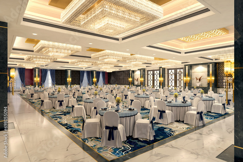 Luxurious wedding reception in a grand and glamorous indoor ballroom 3d render  photo