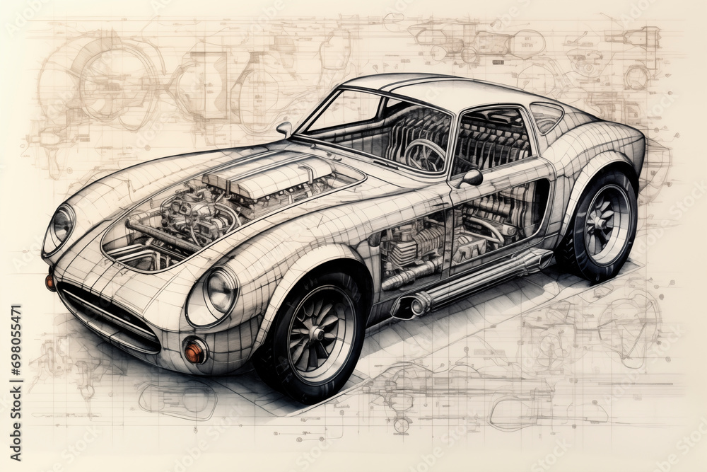 Fototapeta premium Classic Engineering Technical Illustration of an Old-School Sports Car