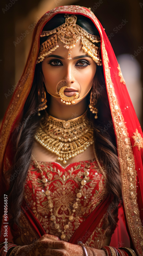 Young indian bridal in traditional dress lehenga choli and jewelery