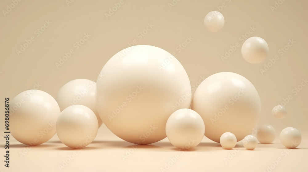 3D beige spheres of different sizes and transparency. Pastel colour palette. Abstract background. Generative AI