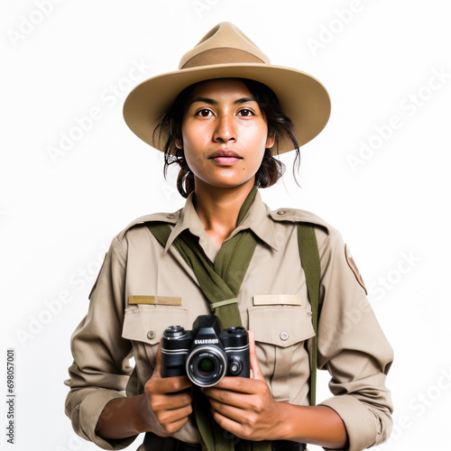 female ranger holding binocular and standing on white background