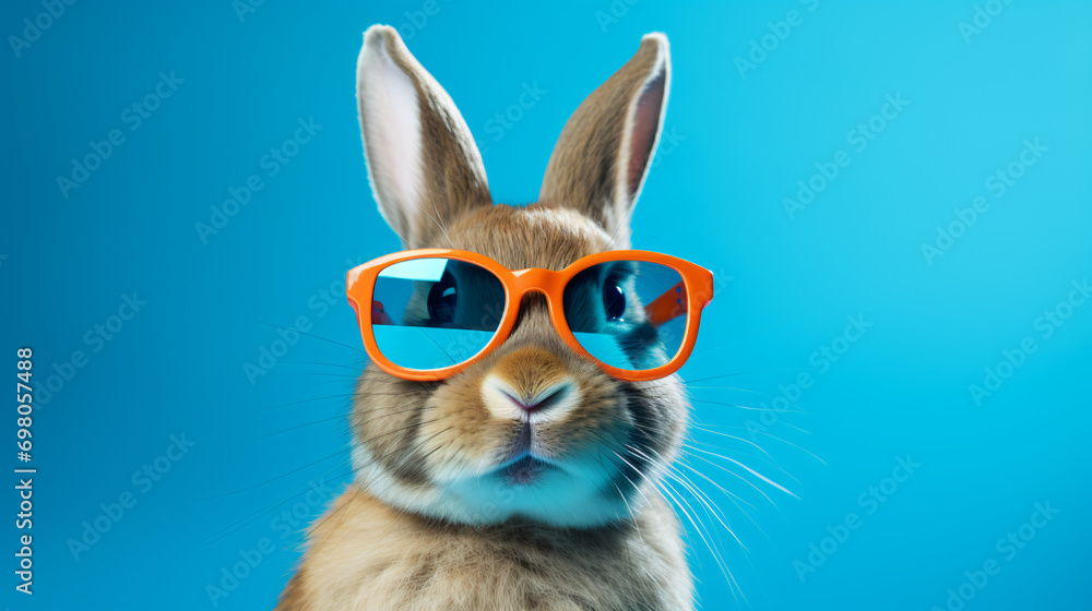 Cute spring bunny on blue background